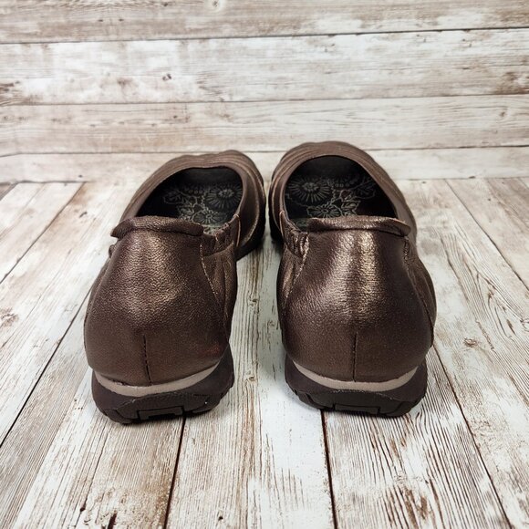 SKECHERS Originals Bikers Women's 9 Bronze Brown Leather Slip-On Peep Toe Flats - Picture 3 of 9